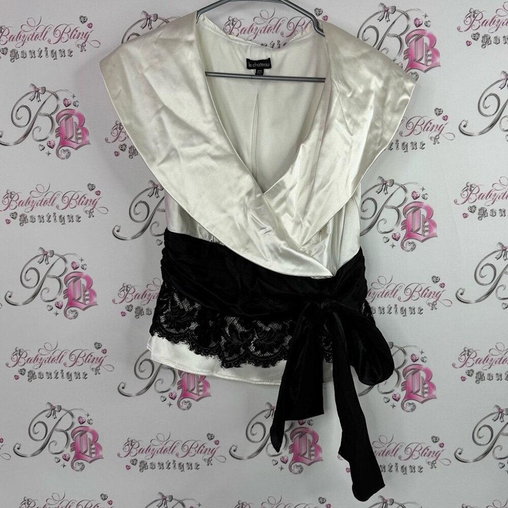 Le chateau blouse top lace shiny White and Black Lace Wrap Blouse